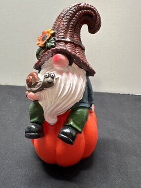 Decorative Resin Gnome Figurine Sitting On Pumpkin With Snail & Sunflower Hat Fa